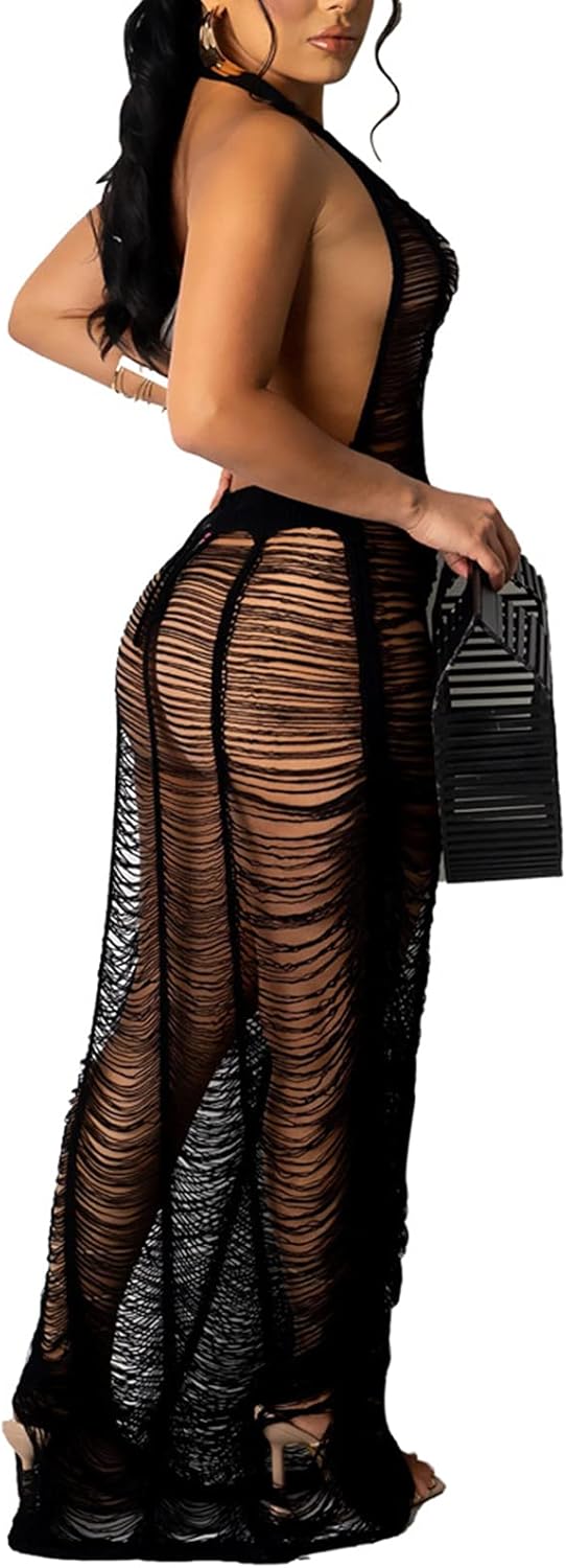 Women Sexy Halter Sleeveless Mesh See Through Crochet Maxi Long Dress Backless Knitted Beach Bikini Swimsuit Cover Ups - Image 2