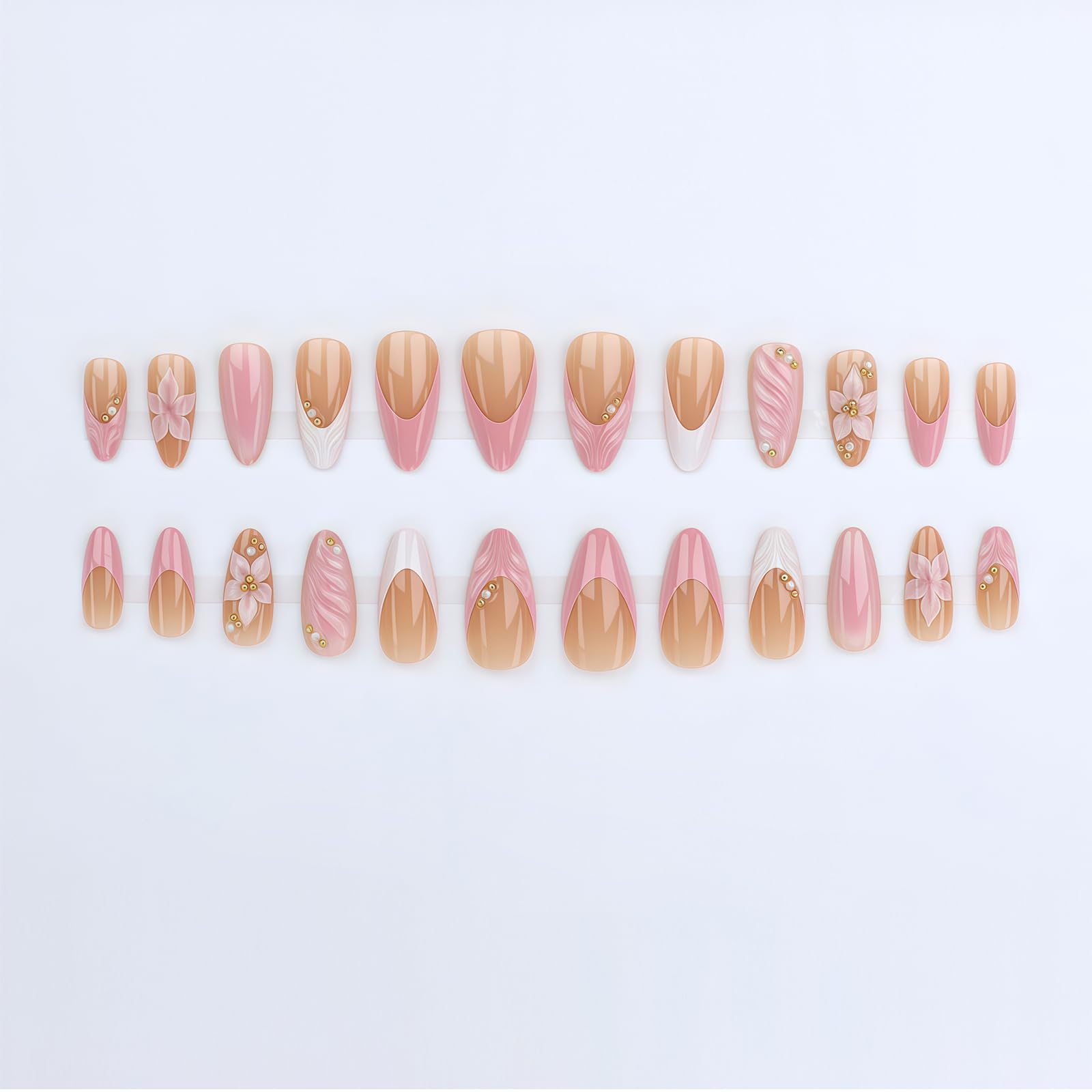 24 pièces ongles pressés moyen amande French tip rose perles dorées paillettes fleurs 3D gel faux ongles réutilisables set manucure