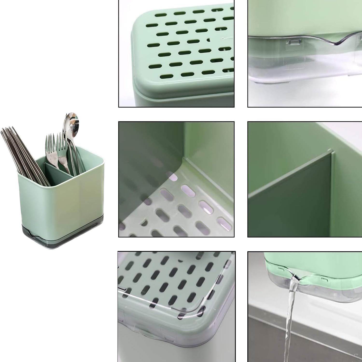 Égouttoir à Couverts Vert – Organisateur Ustensiles Cuisine 2 Compartiments – Porte-Cuillères Égouttant Anti-Moisissure