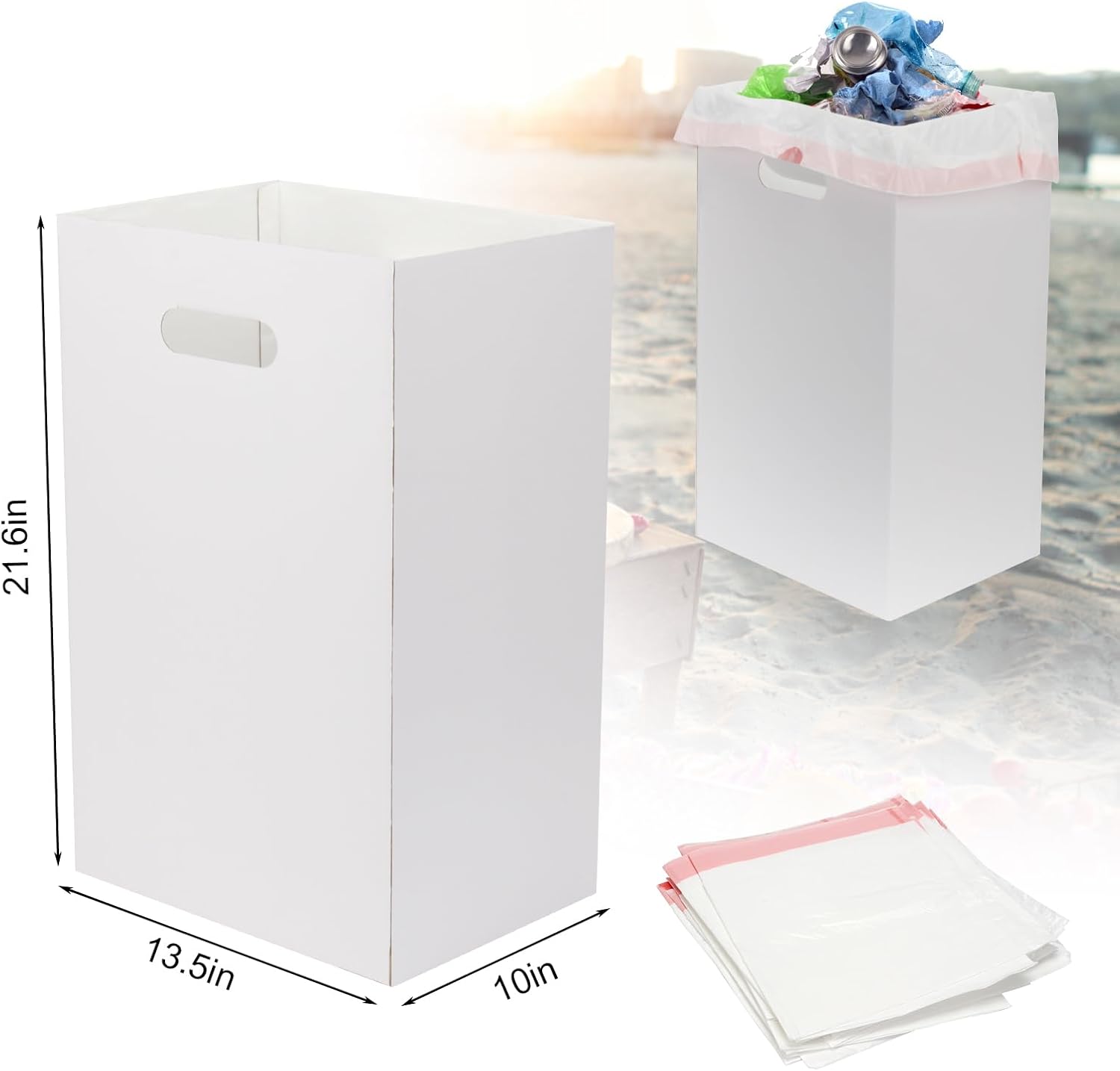 10 Pcs Cardboard Portable Garbage Can with 20 Trash Bags, Disposeable Extra Large Trash Cans, 13 Gallon (21.6" H x 13.5" W x 10" D), Recycled Garbage Can and Reuseable Garbage Boxes, White