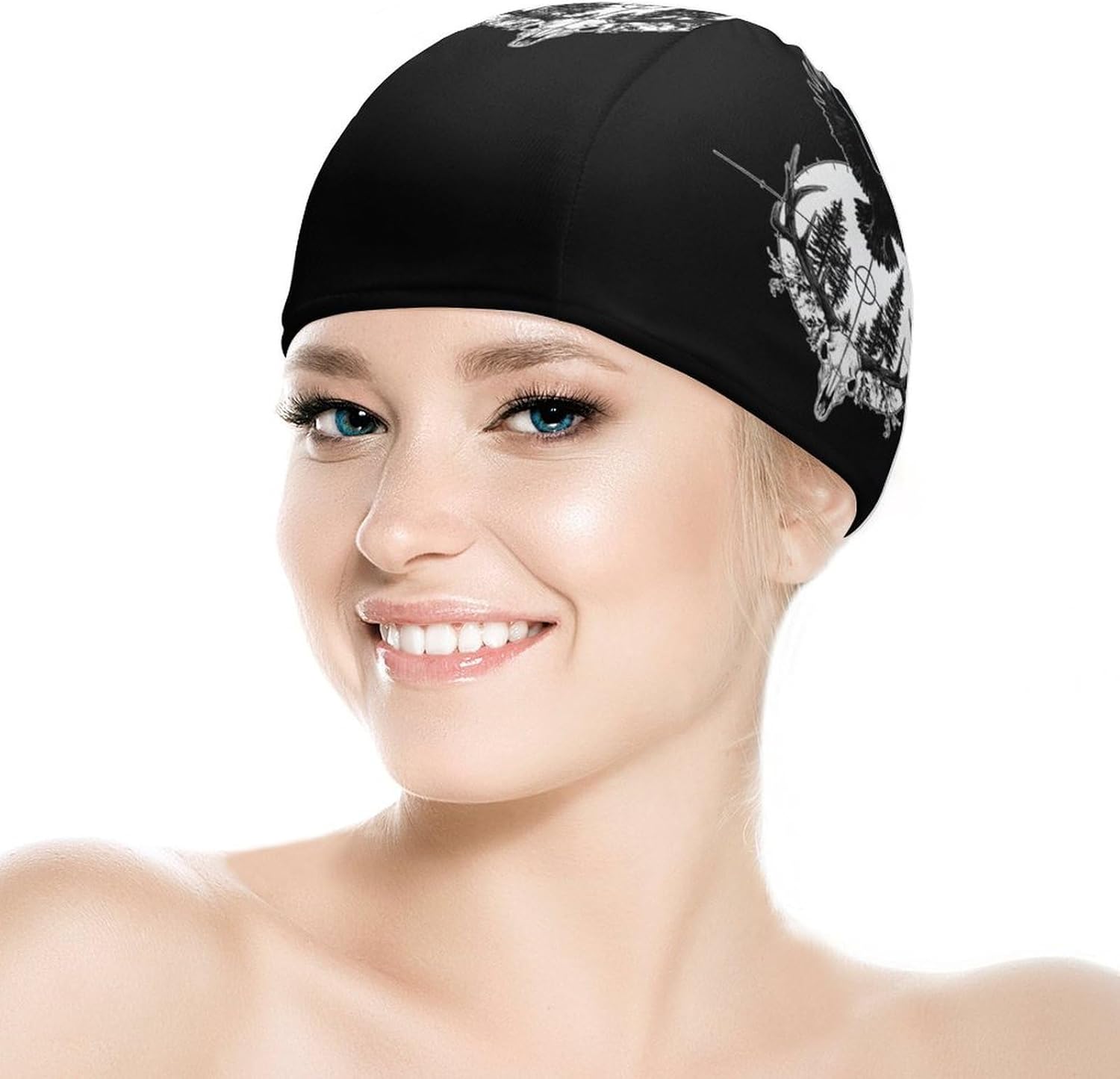 Hunting Deer Hunt Ravens Skull Womens Swim Cap for Men Adult Swimming Hat Curly Short Medium Long Hair