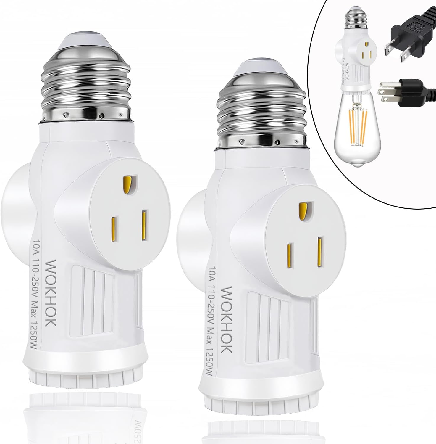 Light Socket to Plug Adapter,Convert E26 Light Socket to 2/3 Prong Outlet Adapter and Light Bulb Socket,Light Bulb Plug Adapter for Garage Porch,2 Pack(White)
