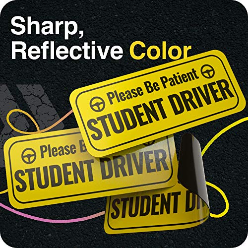 Adheisign Student Driver Magnet | Removable “Please Be Patient” Reflective New Driver Sticker Decal For Car With Strong Adhesive Magnet, Large Driving Icons & Cute Round Border | 3 Pack, Bright Yellow #TOP4