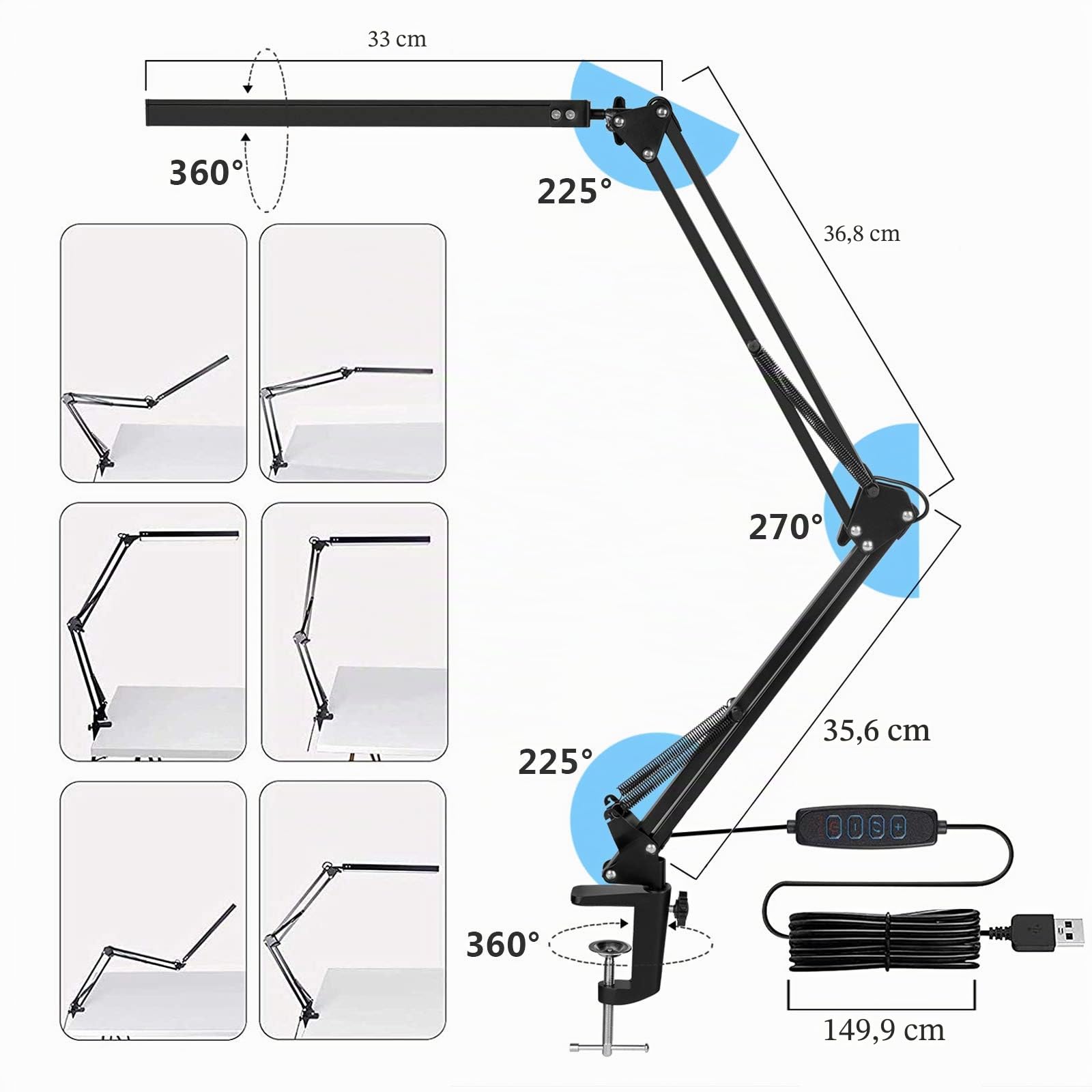 SKYLEO Lámpara Escritorio LED - Flexo LED Escritorio Potente con clip - Protección ocular Lampara - 3 modos de luz X 10 niveles de brillo - Negro