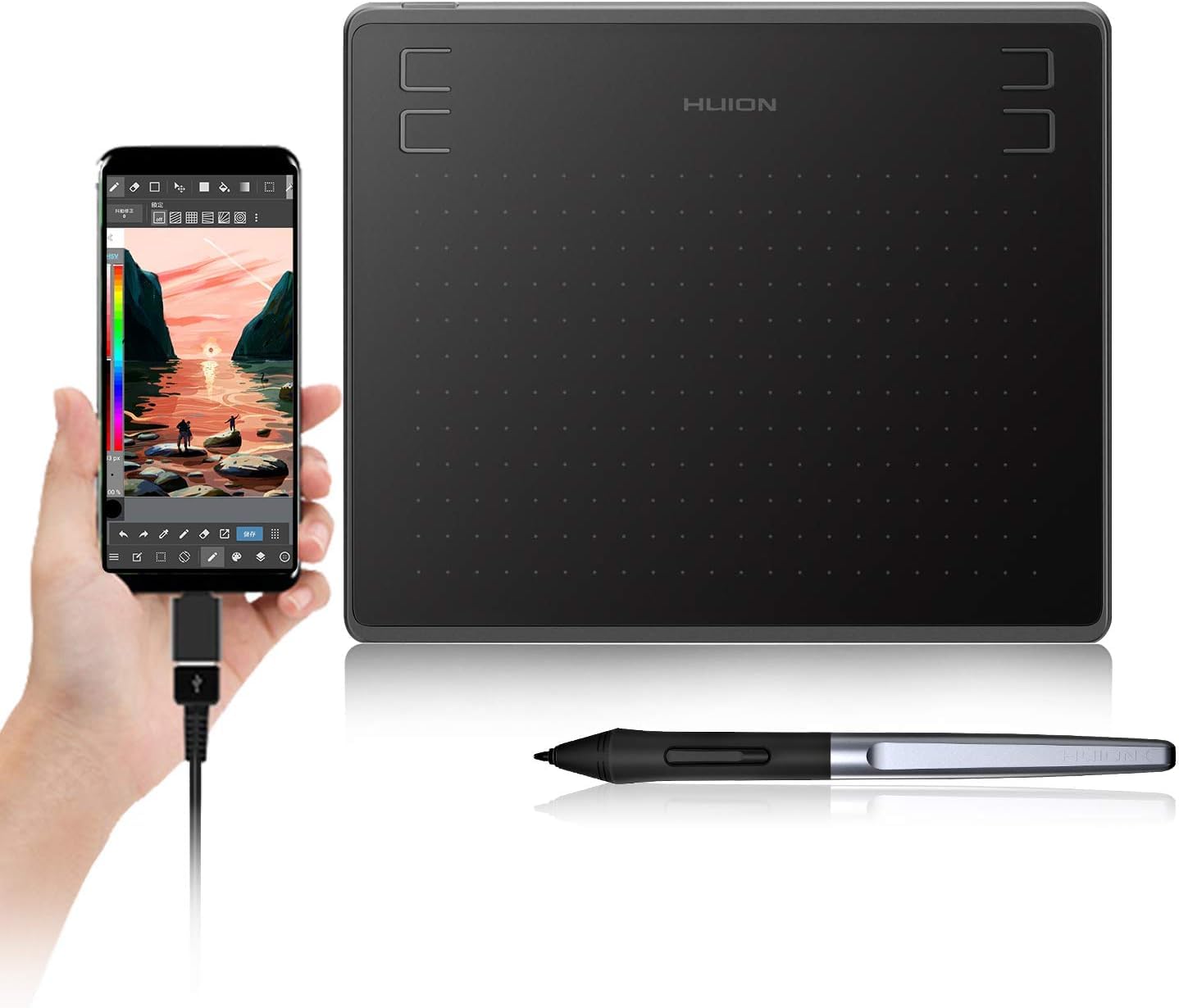 HUION HS64 Graphics Drawing Tablet with Battery-Free Stylus 8192 Pressure Sensitivity 4 Customized Express Keys, 6.3×4 Inch Pen Tablet for Mac, Windows PC Linux and Android