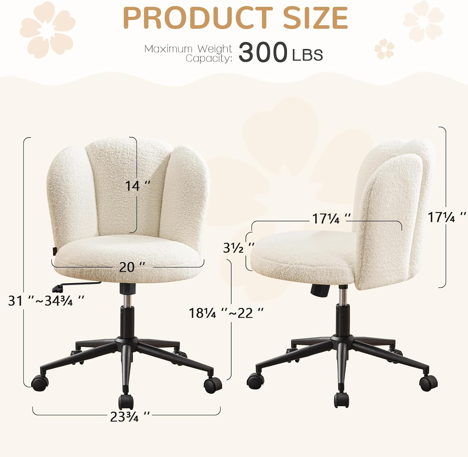 Furniliving Flower-Shaped Boucle Vanity Chair with Wheels, Adjustable Height Swivel Desk Chair, Armless Makeup Chair for Bedroom Home Office, White