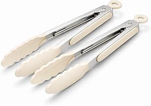 Silk Route Home Stainless Steel & Heat‑Resistant Cream Silicone 2 Pack 9" Food Tongs - Stylish Kitchen Utensil for Cooking & Serving - Dishwasher Safe, 230°C Heat Resistance