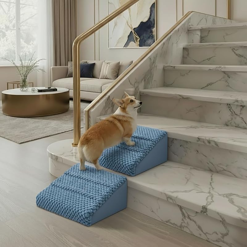 Rampa para Escadas para Cães e Gatos com Espuma Antiderrapante e Capa de Veludo Cotelê Lavável ZJDJEZJD, Azul, Pacote com 2