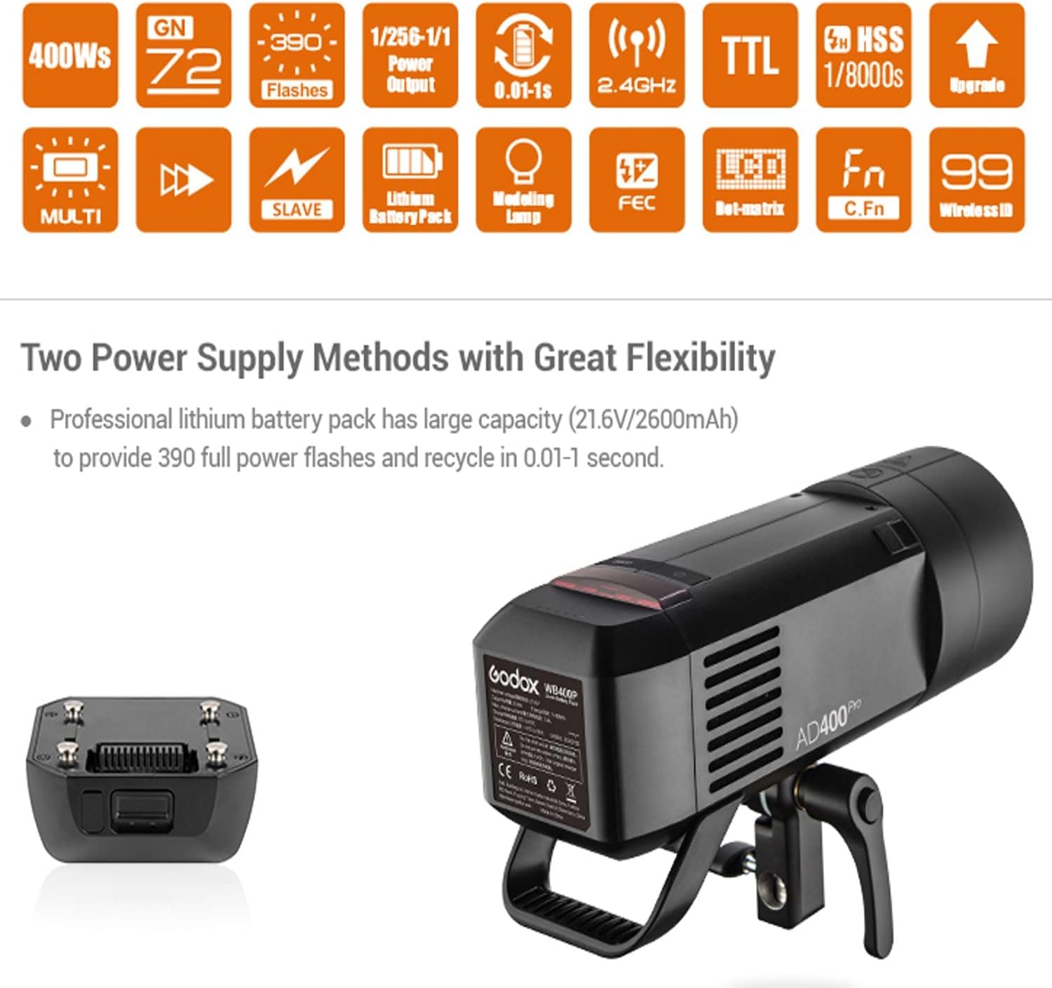 Godox AD400 Pro AD400Pro All-in-One Outdoor Studio Flash Strobe,400Ws 2.4G TTL 1/8000 HSS Monolight,0.01~1s Recycle,30W LED Modeling Lamp,390 Full Power Pops with Rechargeable Battery and Bowens Mount