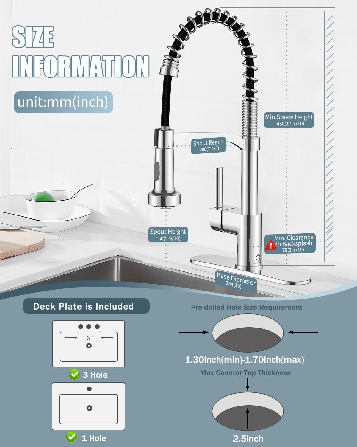 Chrome Kitchen Faucet with Soap Dispenser, Faucet for Kitchen Sink, Kitchen Sink Faucet with Deck Plate, RV Kitchen Faucet with Pull Down Sprayer and Dual Function Spray Head