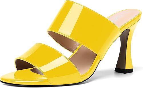 SKYSTERRY Zapatos de tacón alto para mujer, con punta redonda, puntera abierta, charol, carretes de boda, 3.3 pulgadas