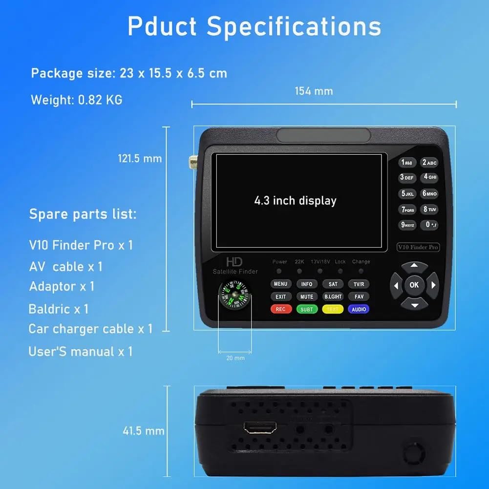 V10 Finder Max HD Rilevatore di segnale TV satellitare Misuratore di segnale DVB-S/S2/S2X Rilevatore di segnale satellitare H.265 Decodifica a 10 bit 1080P HD,Multifunzionale