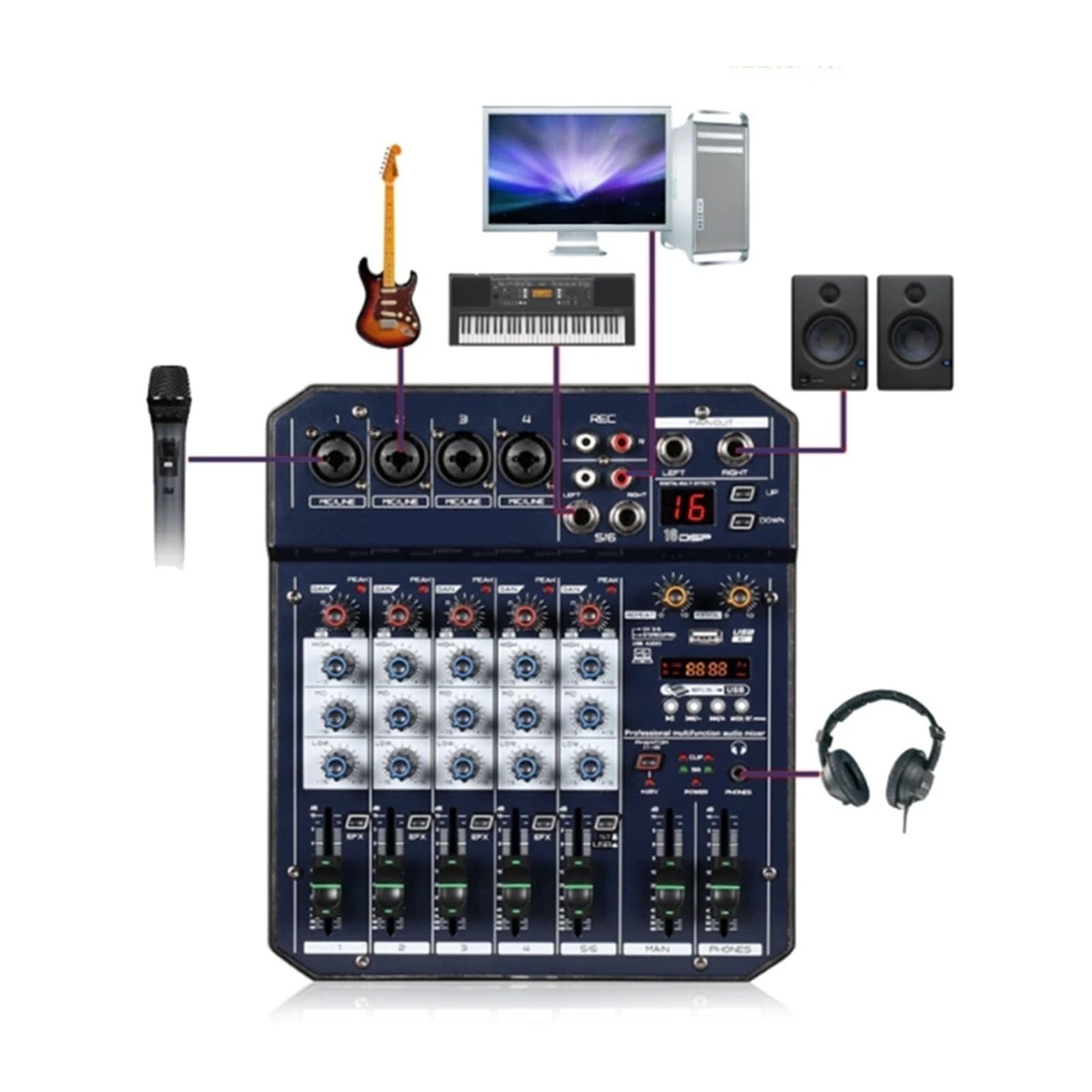 Mikser dźwięku, T4 Przenośna karta dźwiękowa Mikser konsolowy Wbudowane zasilanie Phantom 48 V Obsługuje odtwarzacz MP3 BT DJ Live Party Mixer(T6)