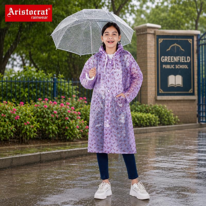 Image of Aristocrat Kids Humpty Dumpty Waterproof Raincoat with Hood | Knee Length Rainwear for Boys & Girls | Regular Fit Rain Jacket with Two Front Pockets | All-Weather Protection Rainwear