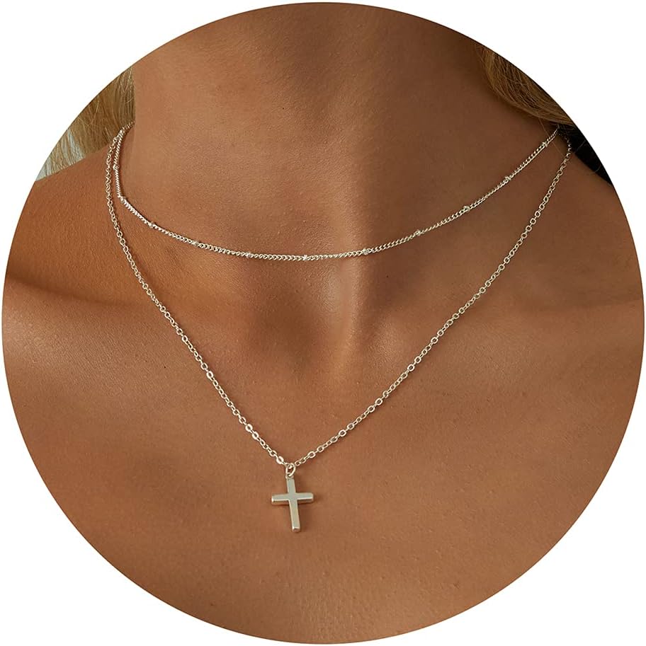 Tewiky Cross Necklace for Women-14K Gold/Sterling Silver Plated Cross Necklaces Simple Cute Layered Pendant Necklaces for Women Trendy Jewelry