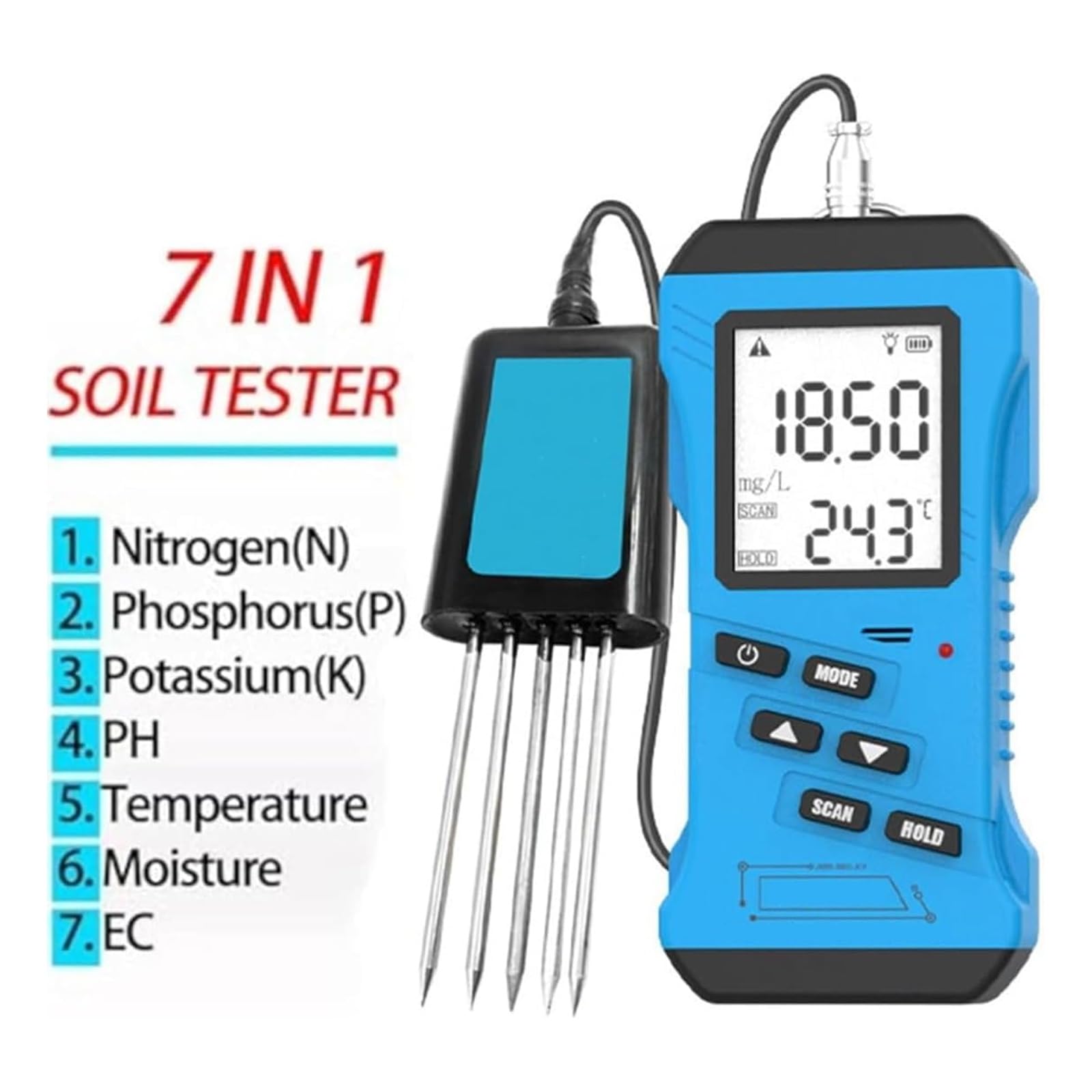Tester gleby 7 w 1 – test NPK na azot, fosfor, potas, pH, EC, temperaturę i wilgotność gleby z cyfrowym wyświetlaczem do testowania płodności