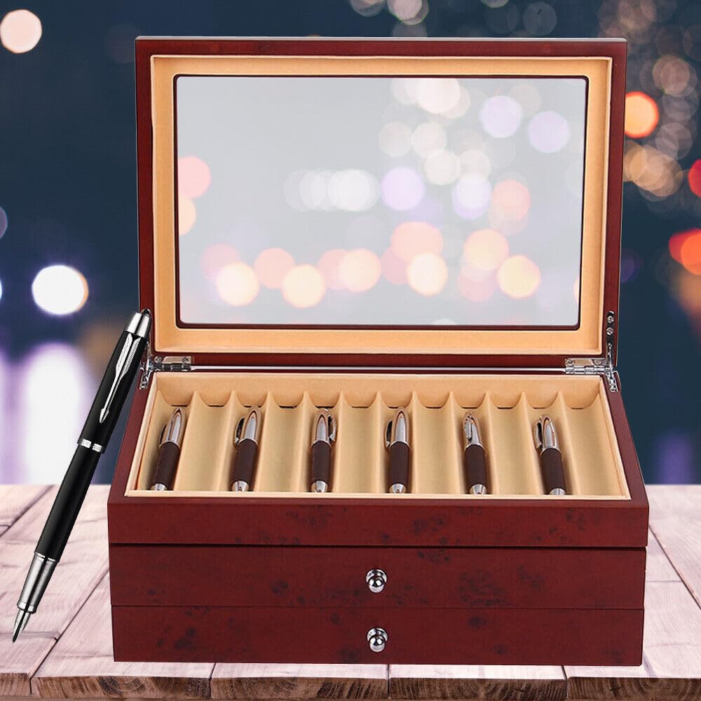 Stiftebox Holz, Aufbewahrungsbox für 34 Stifte Kugelschreiber, Glas-Aufbewahrungsbox mit Deckel, Glasfenster, Stiftsammlung, Vitrine, Stiftköcher