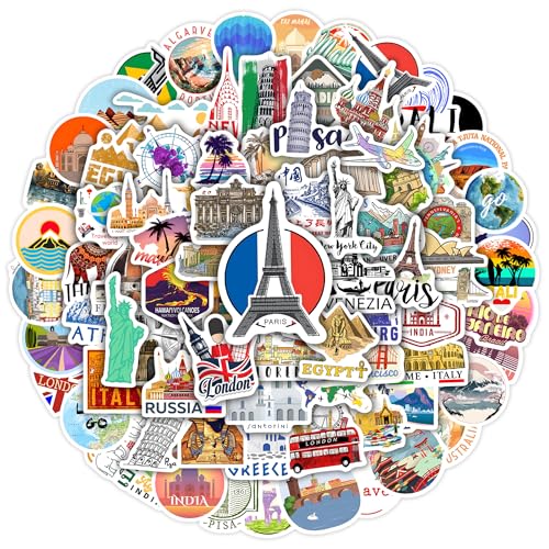 World Featured Architecture Sticker Pack, 100 Pcs Waterproof Vinyl Map Water Bottle Phone Case Laptop Decals, Travel Stickers for Girls Kids Teens Adults, Vintage Aesthetic