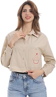 قميص قصير بازرار سفلية مع تطريز كب كيك واكمام طويلة - 3668