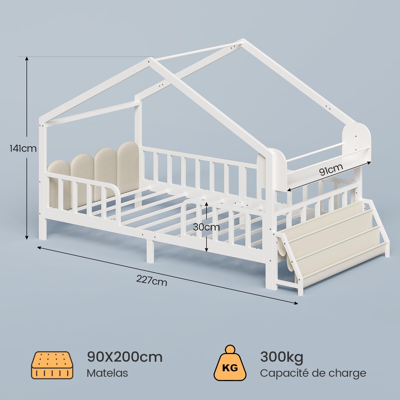 KIMENICH Lit Cabane Enfants 90 X 200 cm, Lit au Sol, Blanc