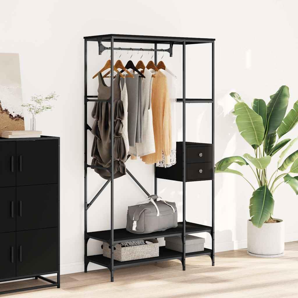 Kleiderständer mit Ablagen aus Holzwerkstoff und Metall Schwarz 97x40x180 cm freistehend mit Rollen, höhenverstellbar, platzsparend für Schlafzimmer