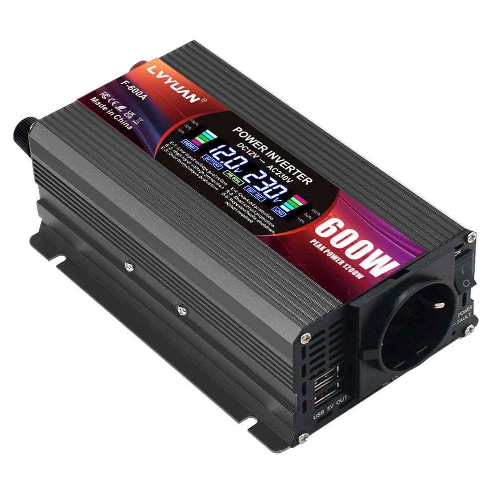 LVYUAN 600W/ 1200W Convertisseur de Tension CC 12 V à CA 220 V | 1 prise CA et 2 ports USB Convertisseur de courant Onduleur pour voiture, camping-car, camion