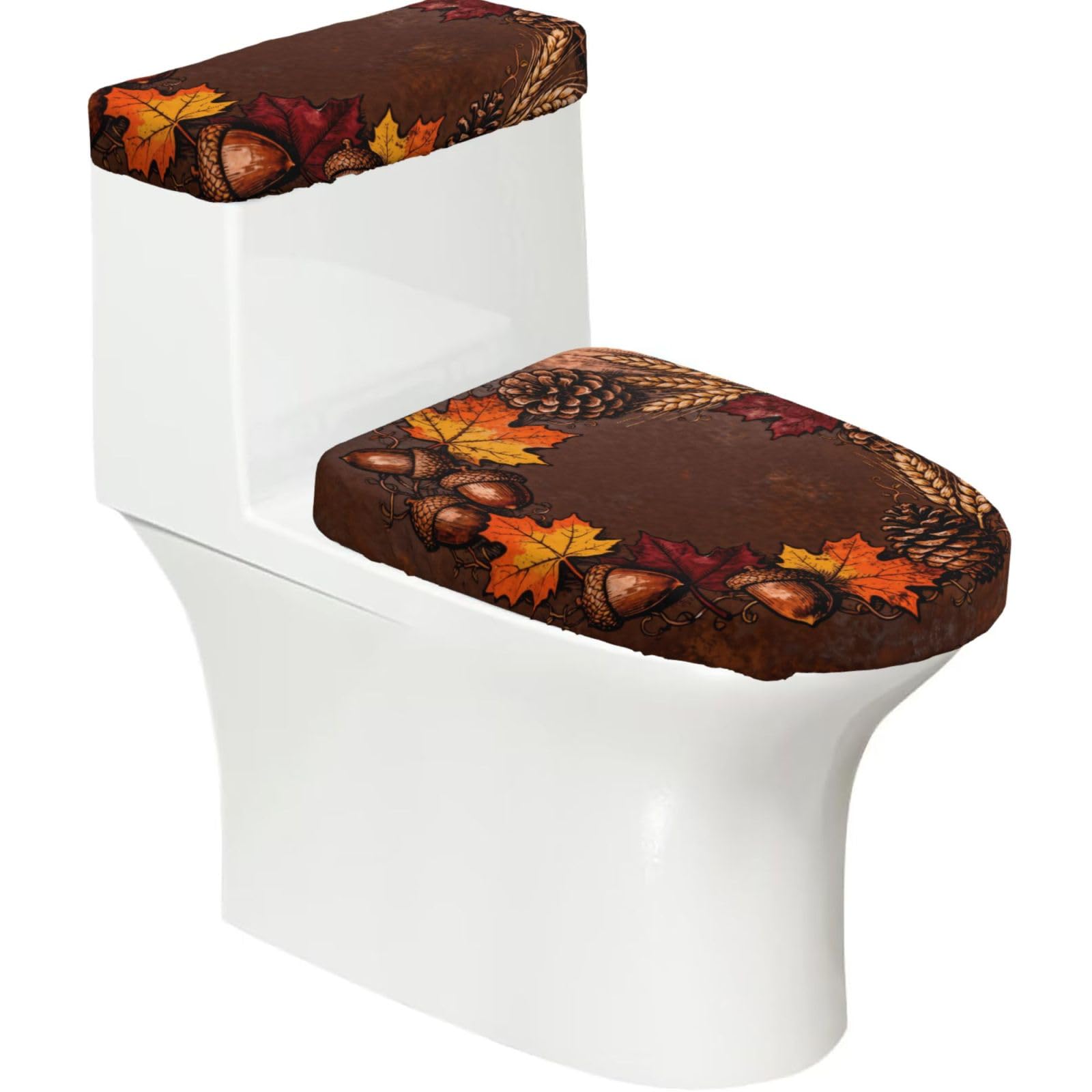 Cntdbu Black Autumn Wreath Stretchy Toilet Lid And Tank Cover Set-Soft Elastic Bathroom Decor For U Shape Oval