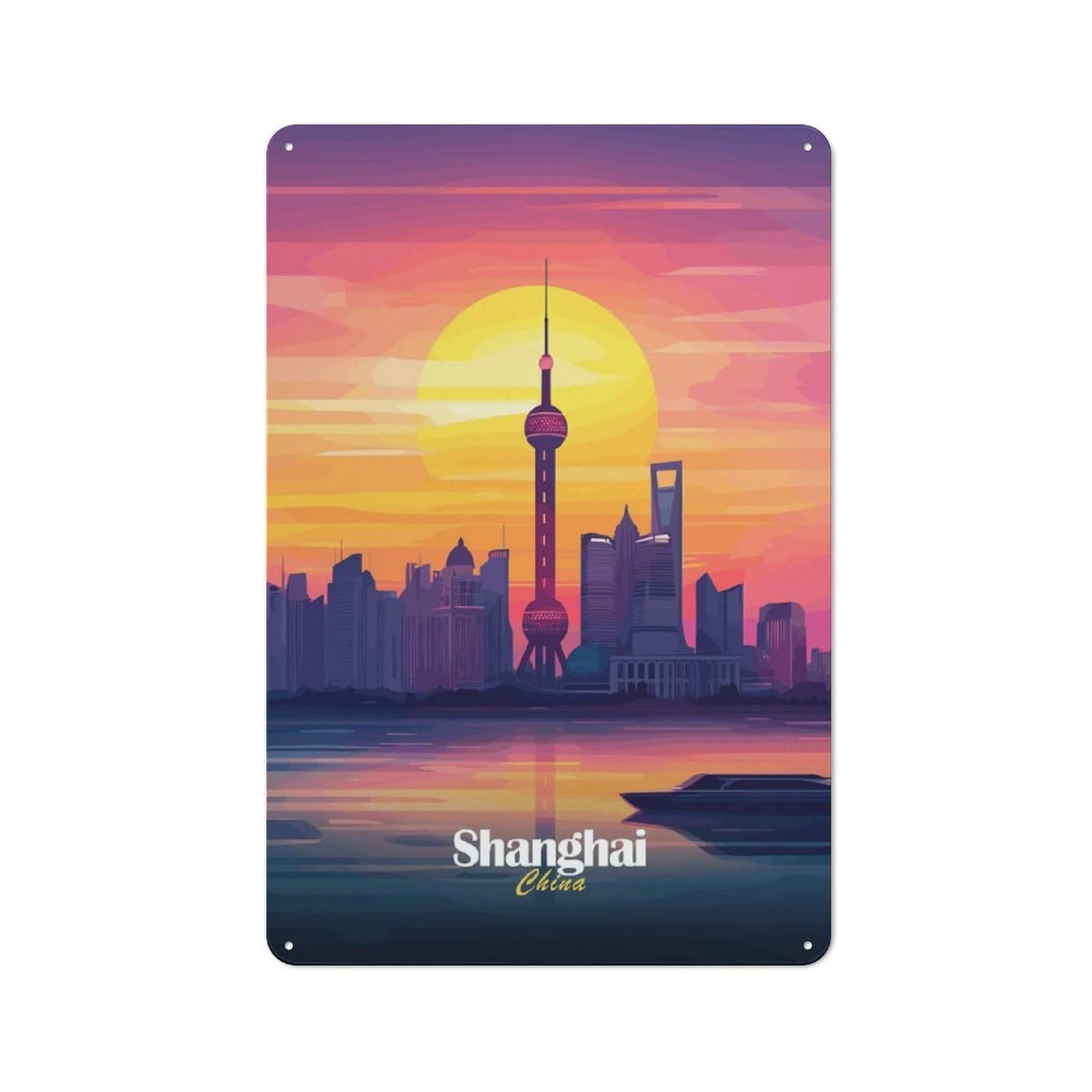 Shanghai Skyline Sunset Clean Industrial Metal Wall Decor 30x20cm, Decorative Metal Plaque for Workspace, Cafe, Hallway Or Garage