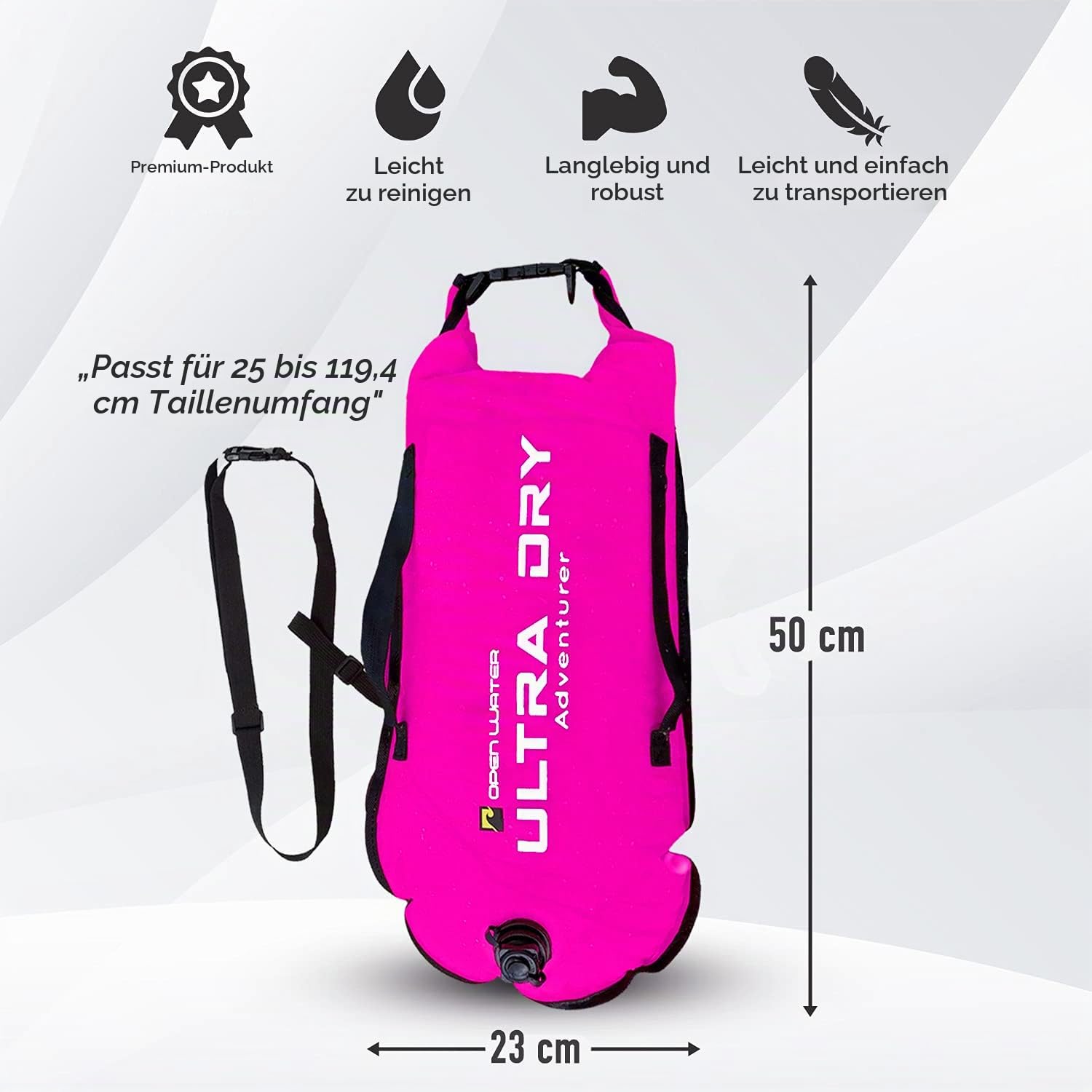 Swim Boje Tow Float Highly Visible Swimming Float Dry Bag with Adjustable Waist Belt, Carry Strap, Waterproof Phone Case for Open Water, Water Sports, Swimming 28L Pink