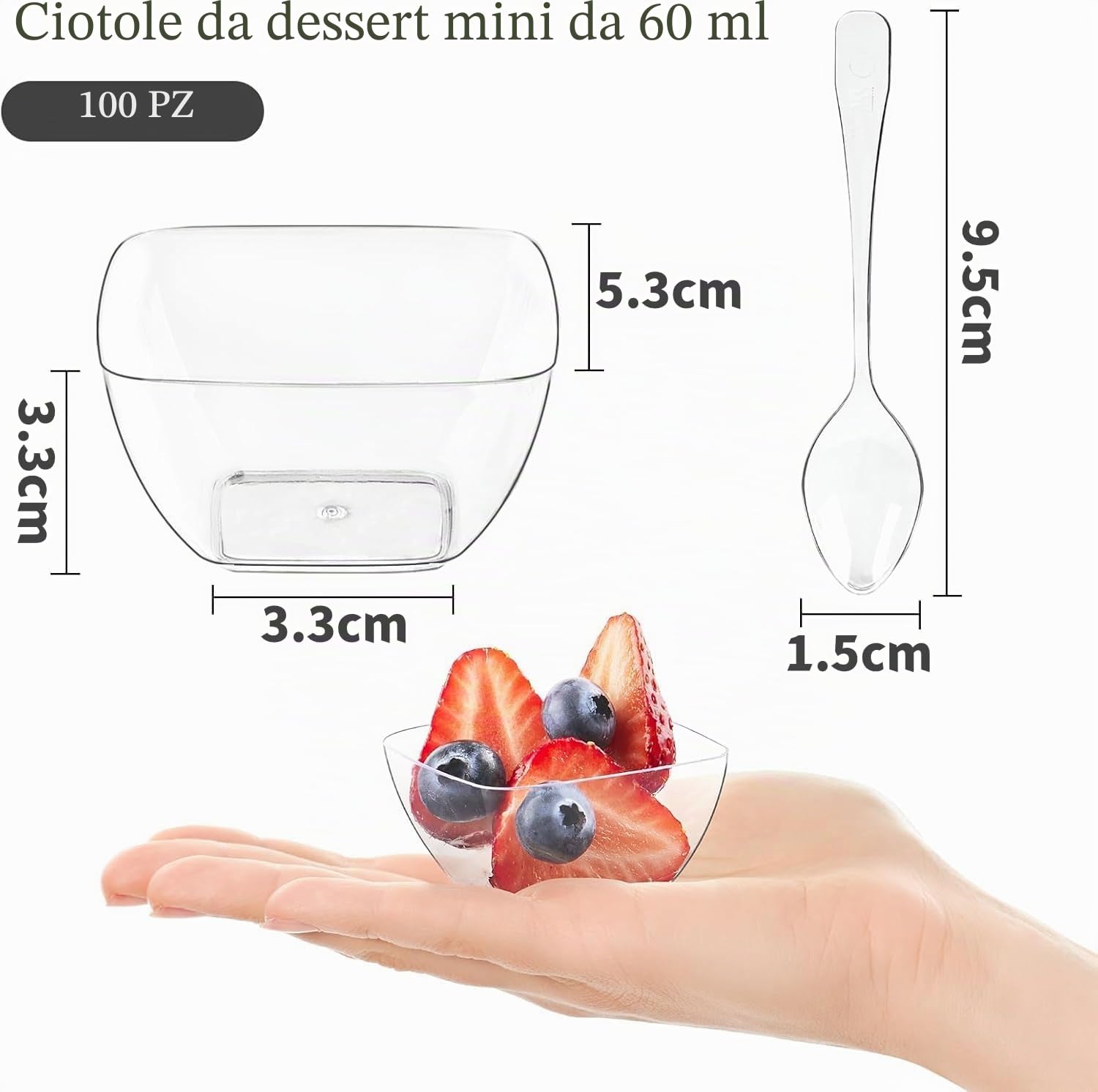KAHEIGN 100 Pezzi Tazze da Dessert in Plastica con Cucchiai, 60ml Quadrato Coppetta Trasparente per Antipasti Ciotola da Portata Riutilizzabile con Cucchiaio per Dessert Budino Mousse Festa (5 x 3cm)