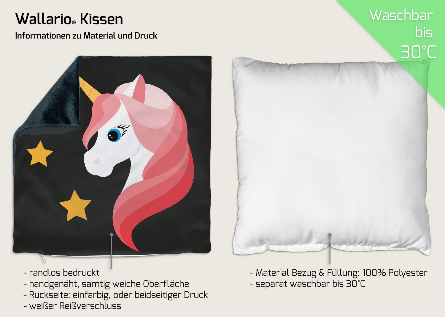 Wallario Dekokissen 40 x 40 cm, Einhorn Muster - Süße rosa Einhörner mit Sternen, beidseitig Bedruckt, Kuschelkissen mit weicher Plüsch-Oberfläche