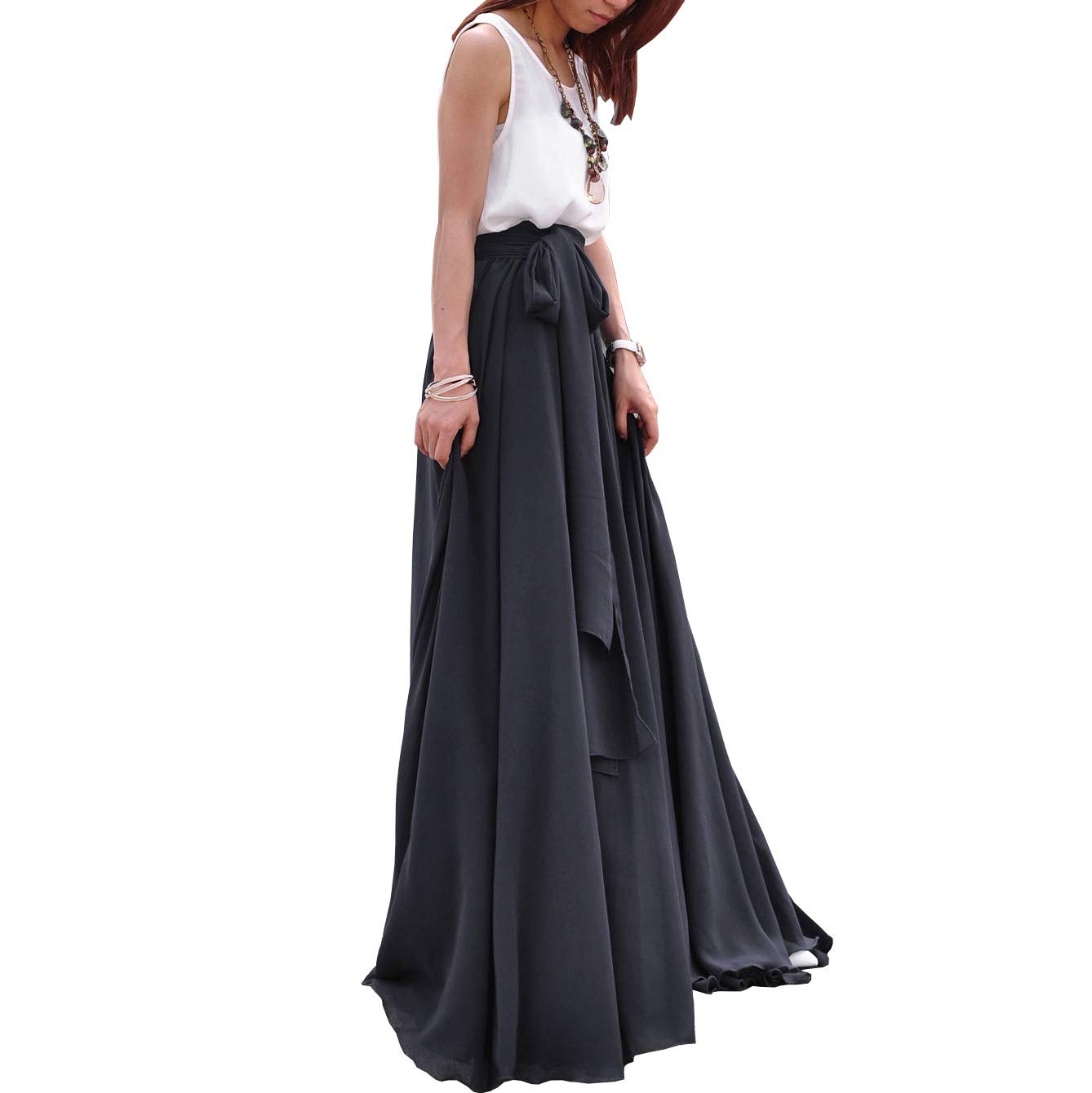Diydress Women's Beautiful Bow Tie Summer Beach Chiffon Prom Party Skirts High Waist Maxi Skirt