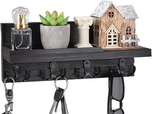 Miniatura 7 de Estante decorativo para colgar llaves con 4 ganchos dobles, fácil de instalar, soporte de madera natural para llaves y correo para montaje en pared,