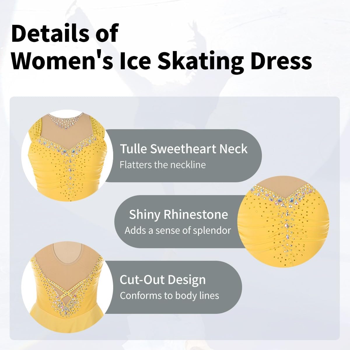 Women Figure Skating Dress Sleeveless Sequin Flower Mesh Ice Skating Dress for Competition Costume(Yellow,XX-Large)