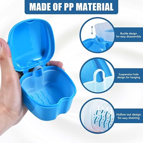 Miniatura 94 de Paquete de 2 cajas de baño para dentaduras postizas, contenedor de almacenamiento con cesta coladora para limpieza de viajes (azul claro y azul)