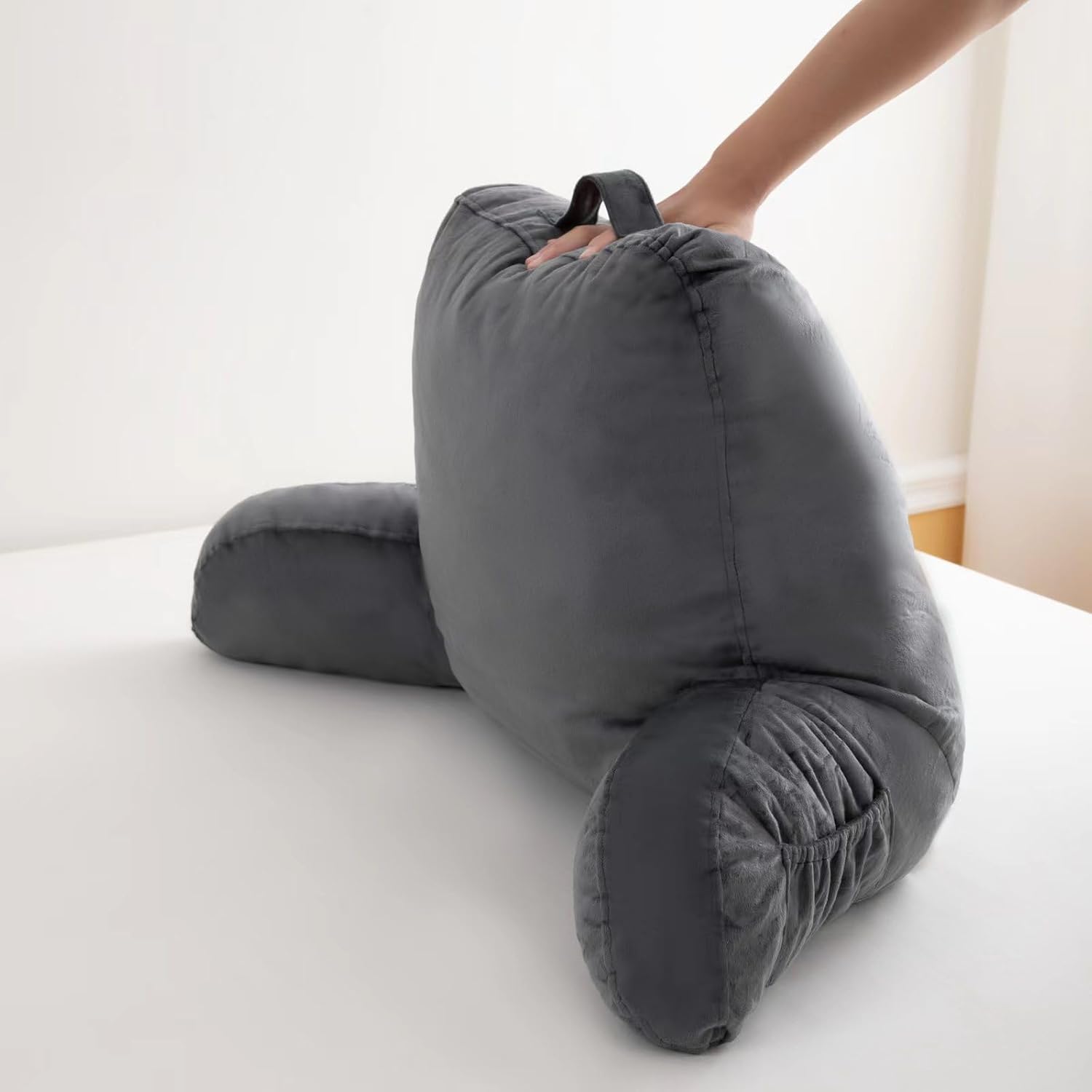 Reading Pillow Bed Adult Large,Back Rest Pillow with Arms, Pockets and Washable Cover,Reading & Rest Pillows Grey Back Pillow for Bed(Grey)