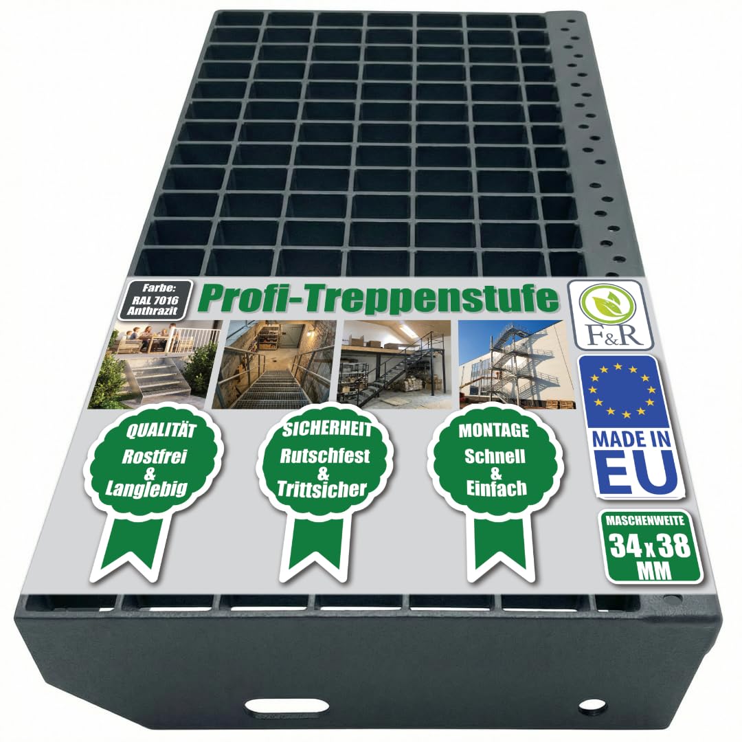F & R Metallstufe 600x270 mm RAL 7016 Anthrazit – Treppenstufe Aus Stahl Mit Gitterrost + Schraubenset 4 Stk – Pulverbeschichtet Rutschfest Witterungsbeständig