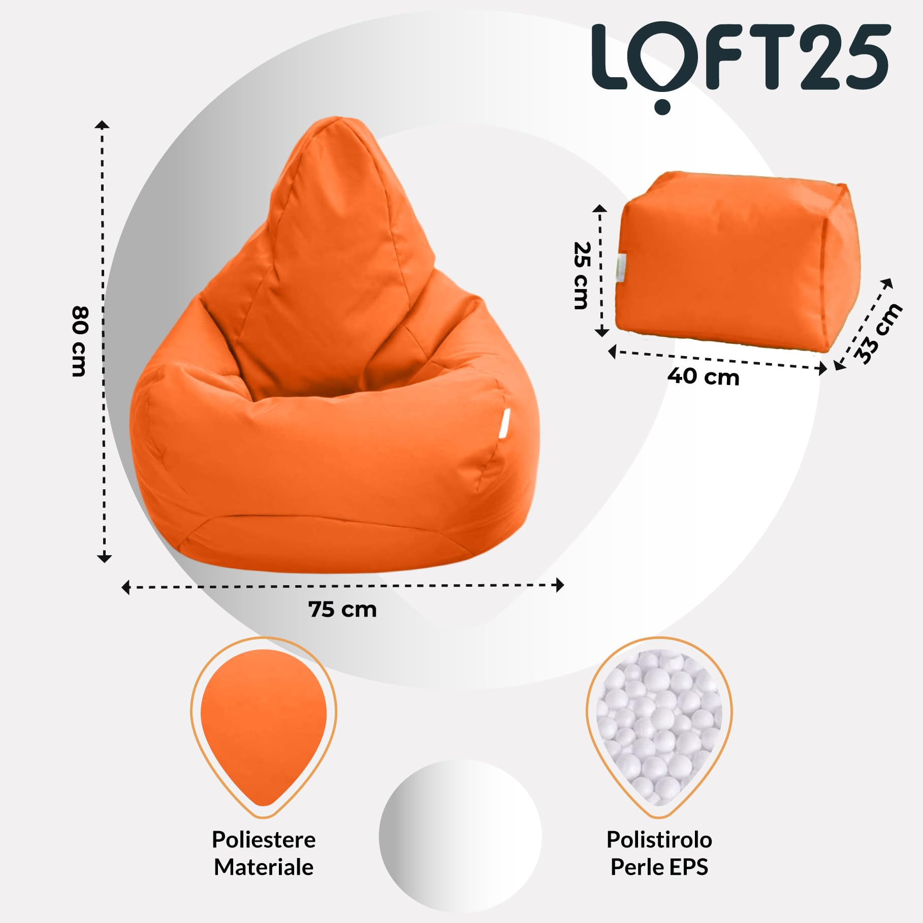 Sedia Bean Bag Gaming Con Schienale - Resistente All'Acqua, Per Interni Ed Esterni, Arancione - Foto 11