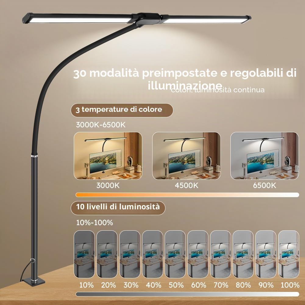 Lampada da Scrivania LED, 160 LED lampada da scrivania a doppia testa, 1200 LM, con Morsetto e Telecomando, 30 Modalità, 360° collo di cigno, Porta USB/Timer, per Lavoro Studiare o Leggere