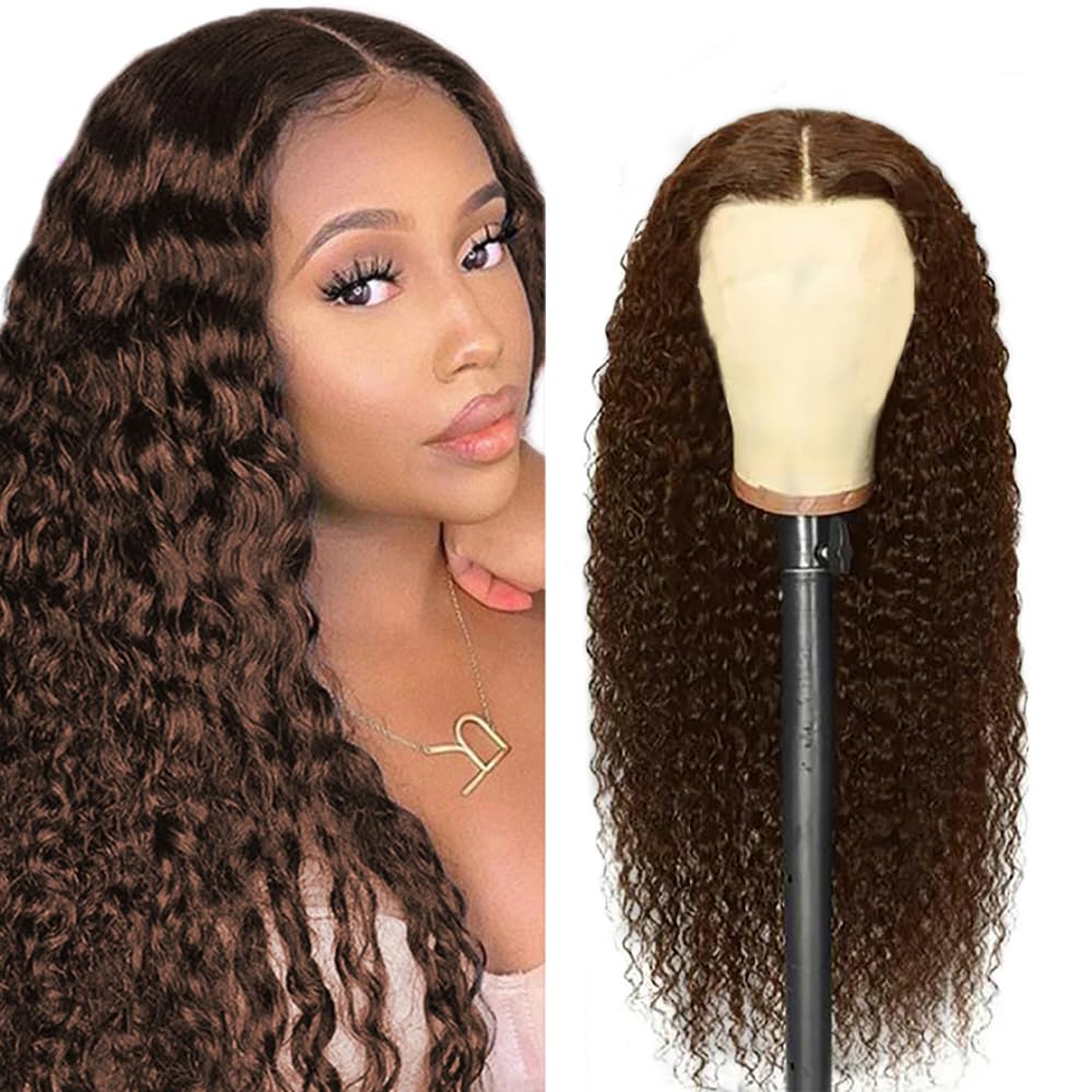 Weeybay Curly Wave 4x4 Lace Front Wigs #4 Chocolate Brown Color 32 Inch Unprocessed Natural Hairline Transparent Lace Human Hair Wig For Women 180% Density