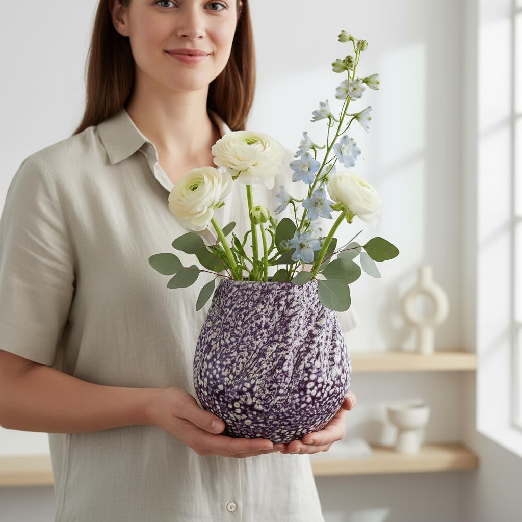 Sunddo Purple Ceramic Vase, 8 Inch Large Round Vases for Pampas Grass, Modern Textured Pottery Vase for Home Decor, Bedroom, Table Centerpiece, Kitchen, Shelf, Living Room Decor