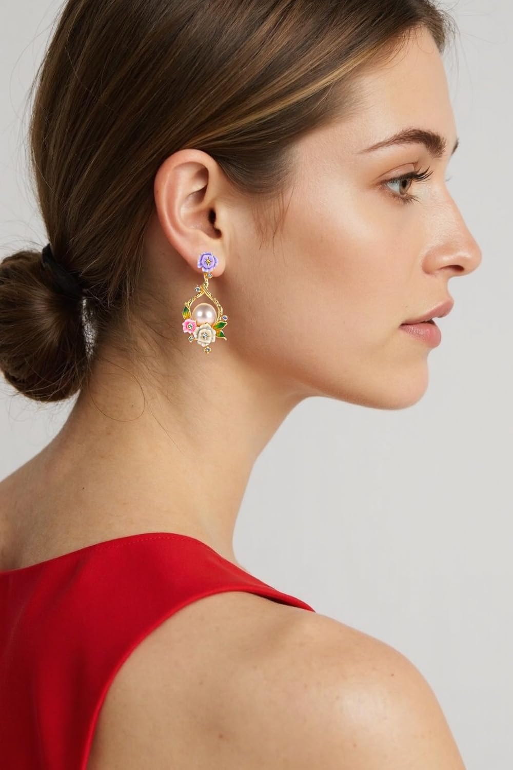 Pearl Drop Earrings for Women - Asymmetrical Handmade Enamel Rose Flower Design Jewelry, 925 Silver Hypoallergenic Anniversary & Birthday Gift