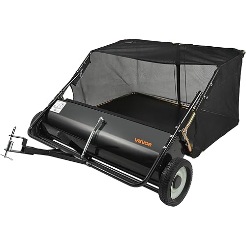 VEVOR Tow Behind Lawn Sweeper, 44 in Pull Behind Lawn Sweeper, 25 cu. ft Large Capacity Leaf & Grass Collector, Heavy Duty Garden Sweeper with Adjustable Sweeping Height for Yard, Lawn, Farm
