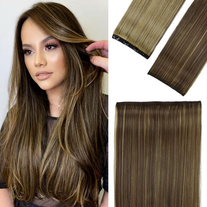 Sué Exquisite 4PCS 20 inches Long Straight Thick Hair Pieces Clip in on Hair Extensions Synthetic Fiber Double Weft Soft Hair for Women Full Head (16 Inch, Chocolate Brown mix Caramel Blonde)