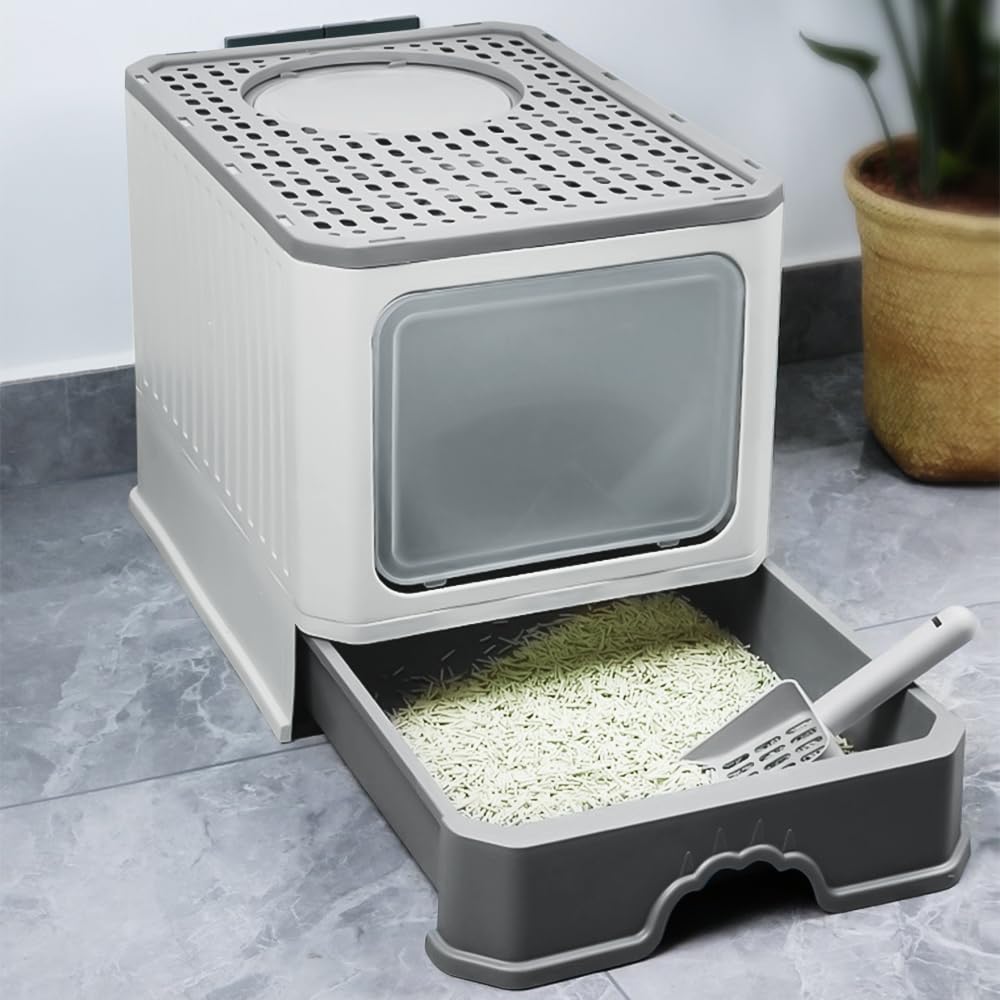 Bac à litière pour Chat Maison de Toilette fermé Pliable Double Porte battante et supérieure + Pelle + tiroir à litière Nettoyage Facile Avant et entrée par Le Haut (50 * 35 * 38CM-Gris)