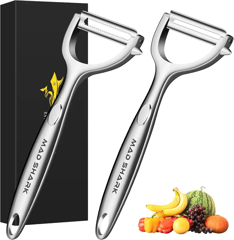 MAD SHARK Sparschäler Set 2-teilig (gerade + gezahnte Klinge) - Kartoffelschäler aus 304 Edelstahl mit rutschfesten Griffen - Extrascharf für Gemüse & Obst