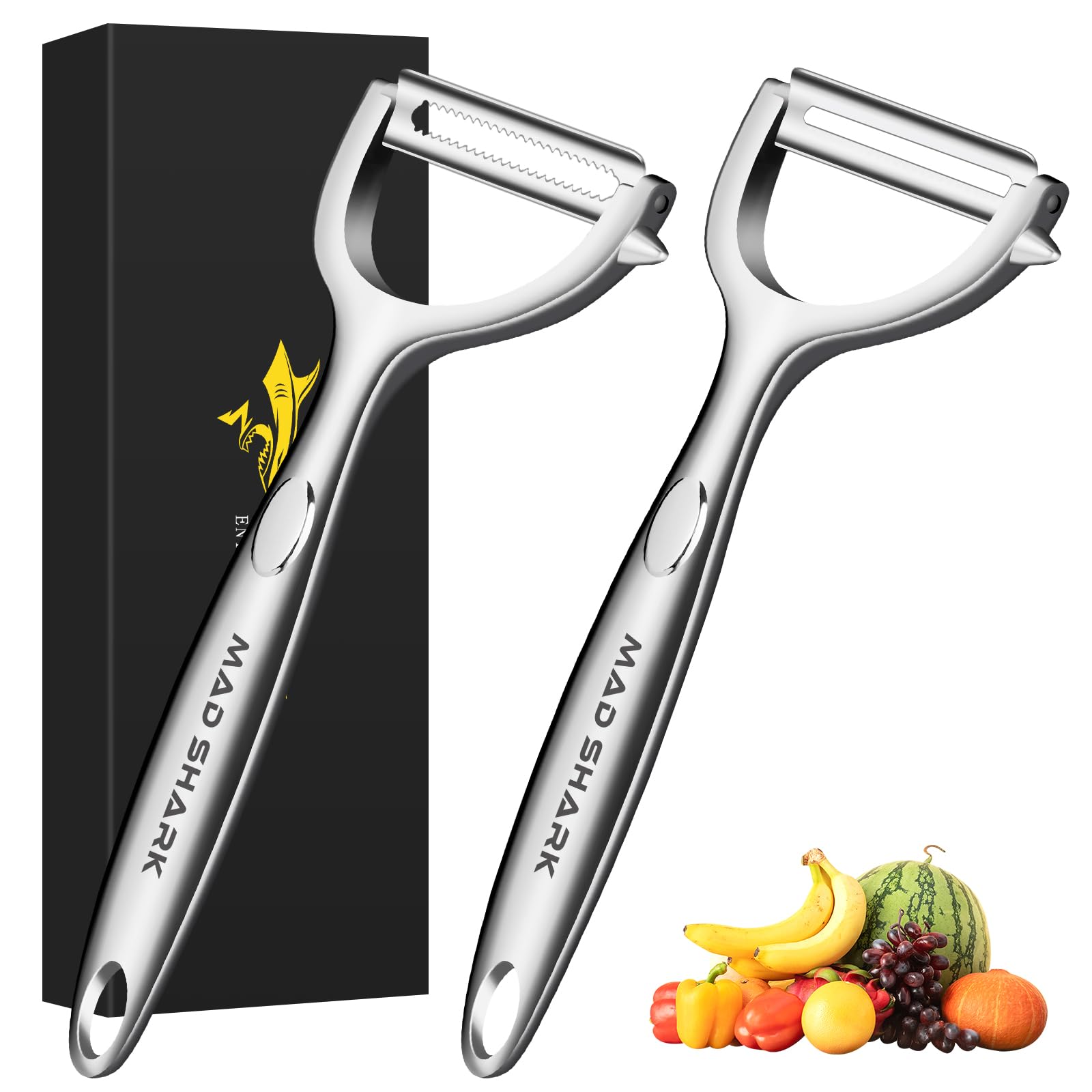 MAD SHARK Sparschäler Set 2-teilig (gerade + gezahnte Klinge) - Kartoffelschäler aus 304 Edelstahl mit rutschfesten Griffen - Extrascharf für Gemüse & Obst