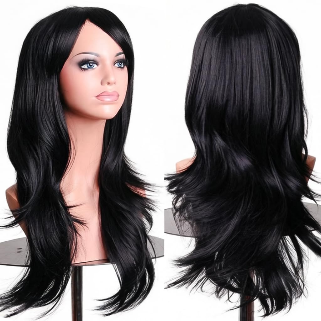PORSMEER 70 cm/28 inches Charming Black Long Wavy Full Hair Wig Anime Cosplay Halloween Costume Party Heat Resistant Synthetic Wigs for Women
