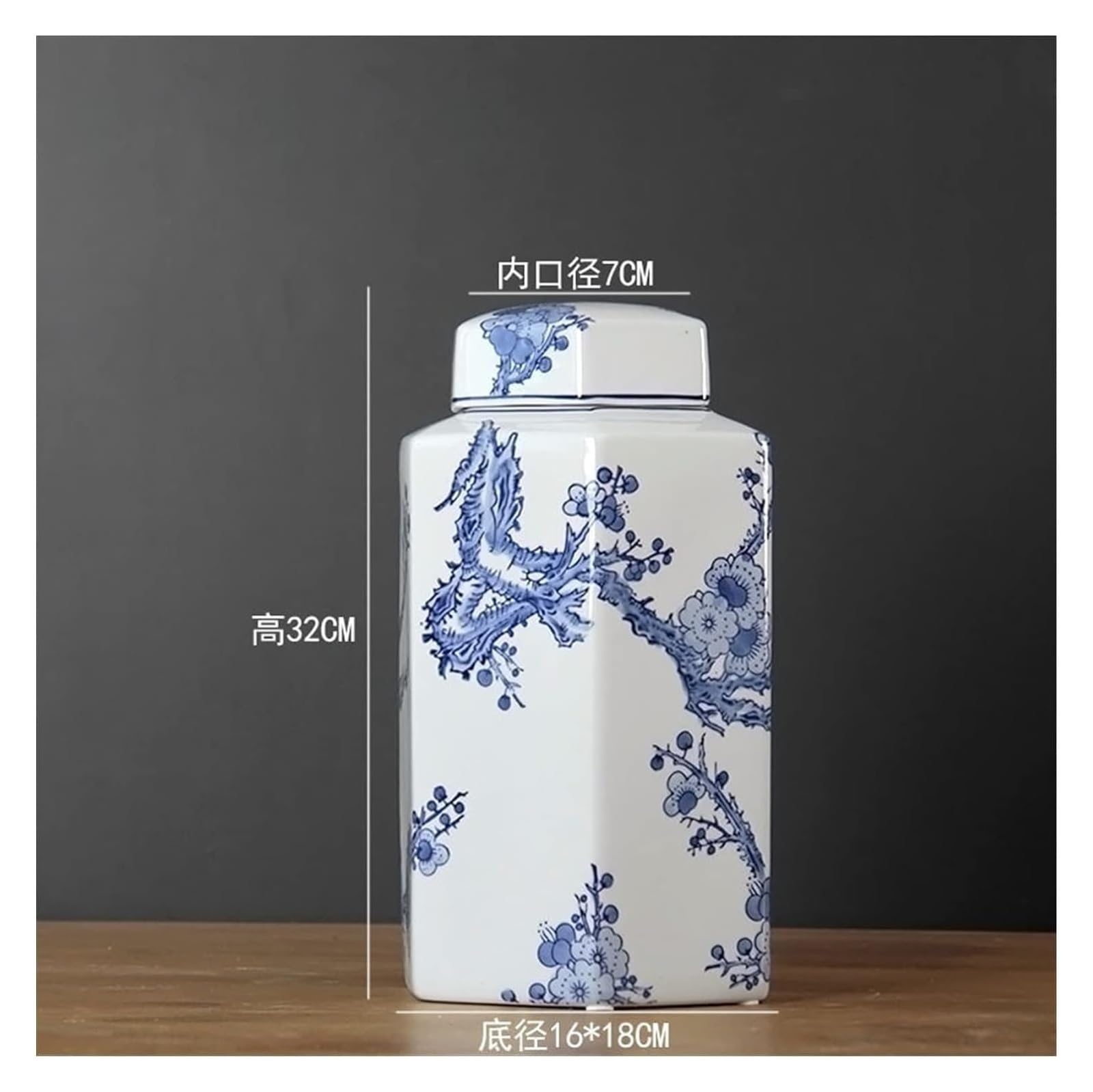 Jarrón de cerámica tetragonal Pintado, jarrón Chino de Porcelana Azul y Blanca con Relieve de Flor de Ciruelo, jarrones Altos de Suelo para Sala de Estar.
