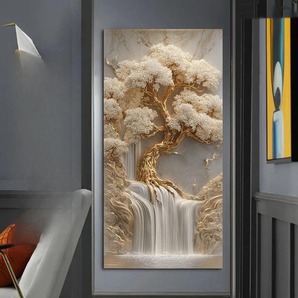 GOSRD Golden Tree Waterfall Canvas Wall Art Abstract Prints Rooms Decortions(55X110cm)